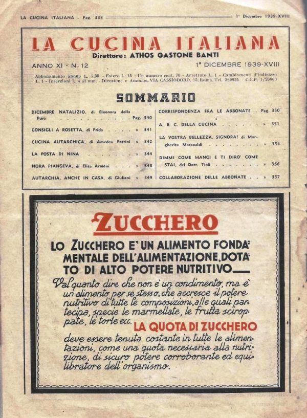 La cucina italiana Dicembre 1939 n. 12 testo zucchero