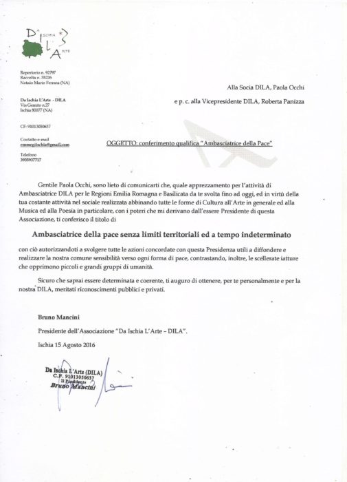 Paola Occhi lettera ambasciatrice della pace firmata